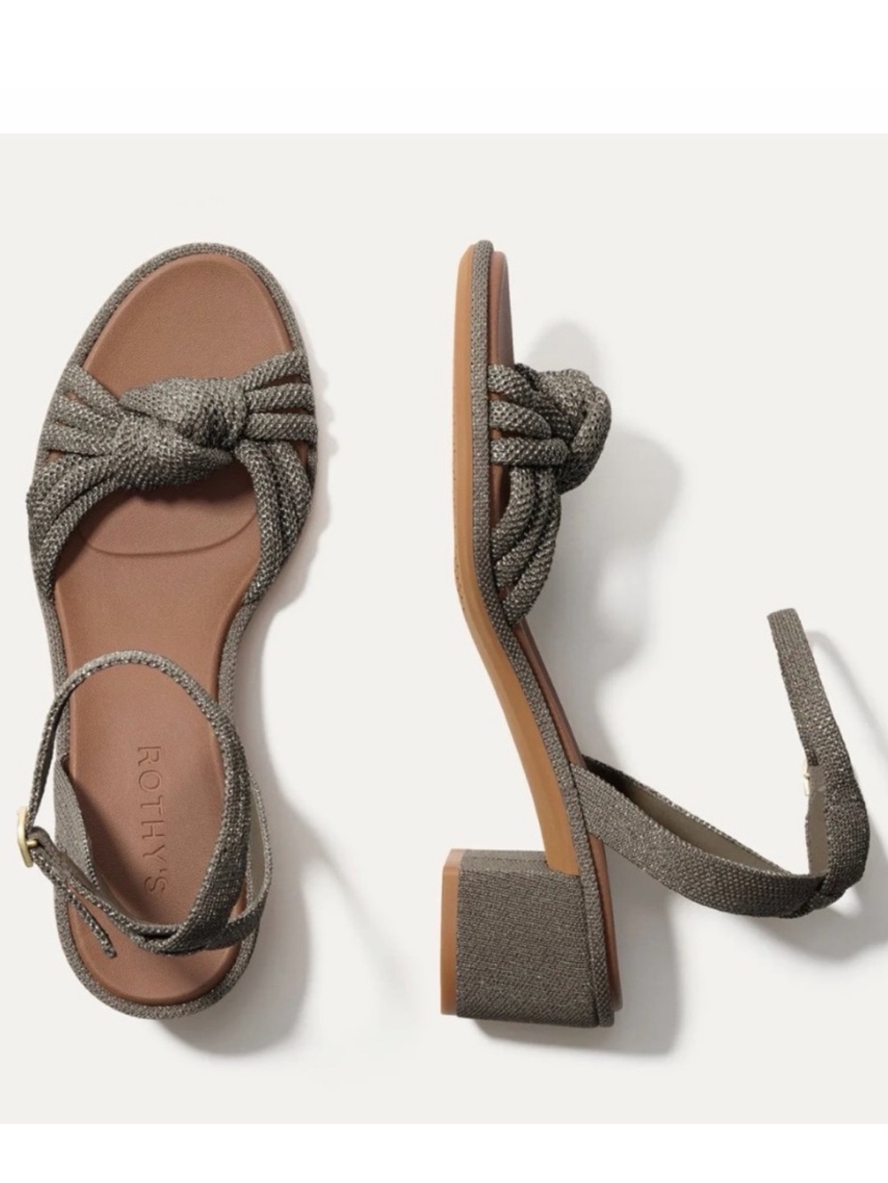 Rothy's The Knot Ankle-Strap Sandal in Metallic Pewter Gray Silver Sand
